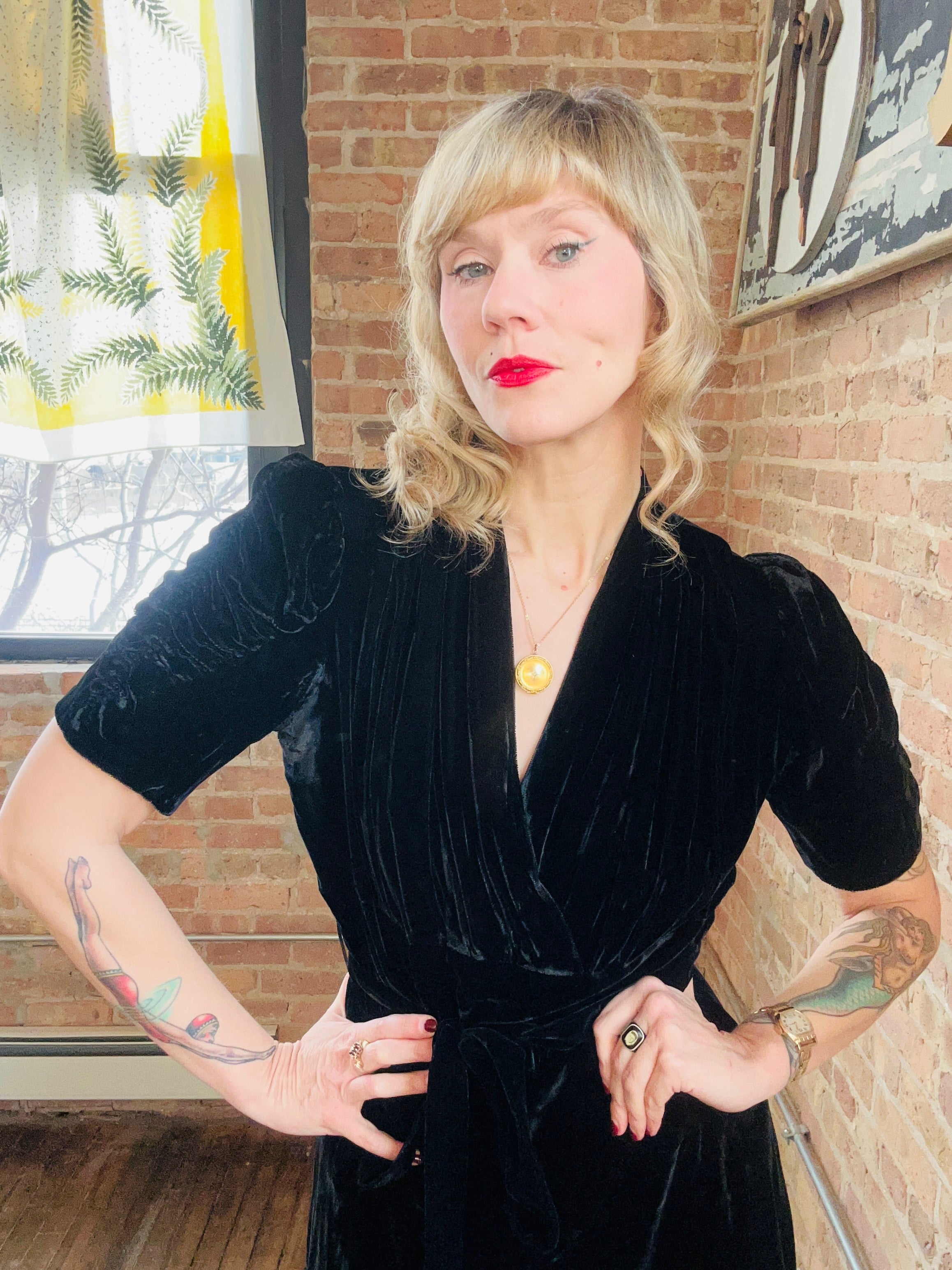 1930s Black Puff Sleeve Silk Velvet Dress with Belt