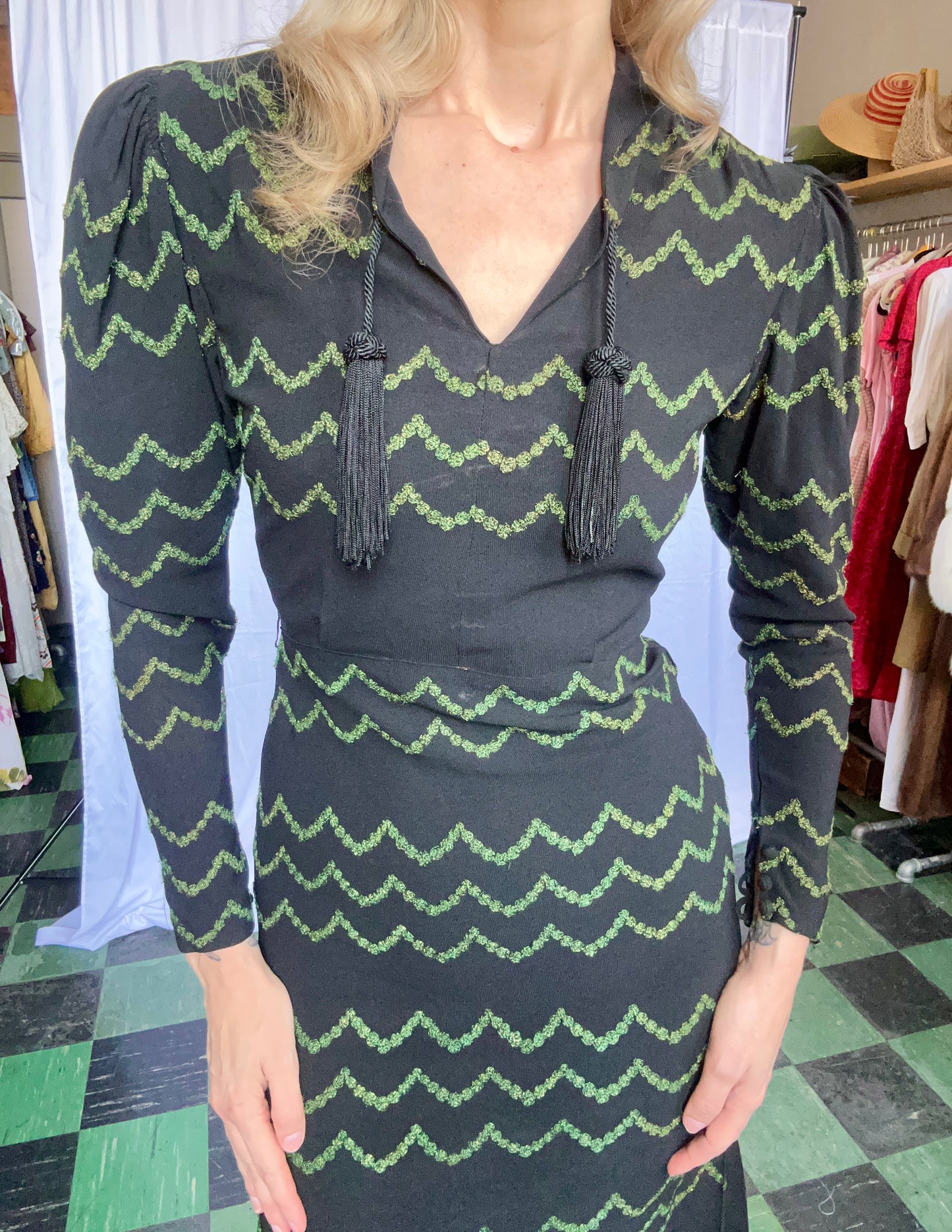 1930s Metallic Waves Embroidered Rayon Crepe Dress - Small