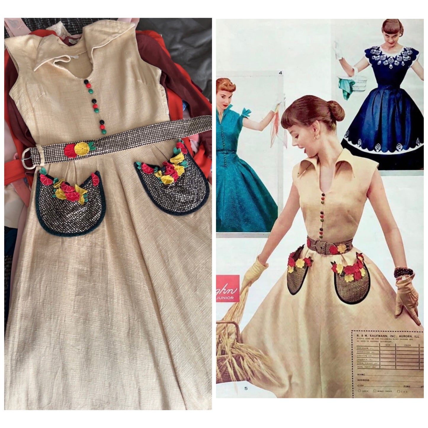 1953 "Straw Circuit" Vicky Vaughn Basket Weave with Posies Cotton Dress - Small
