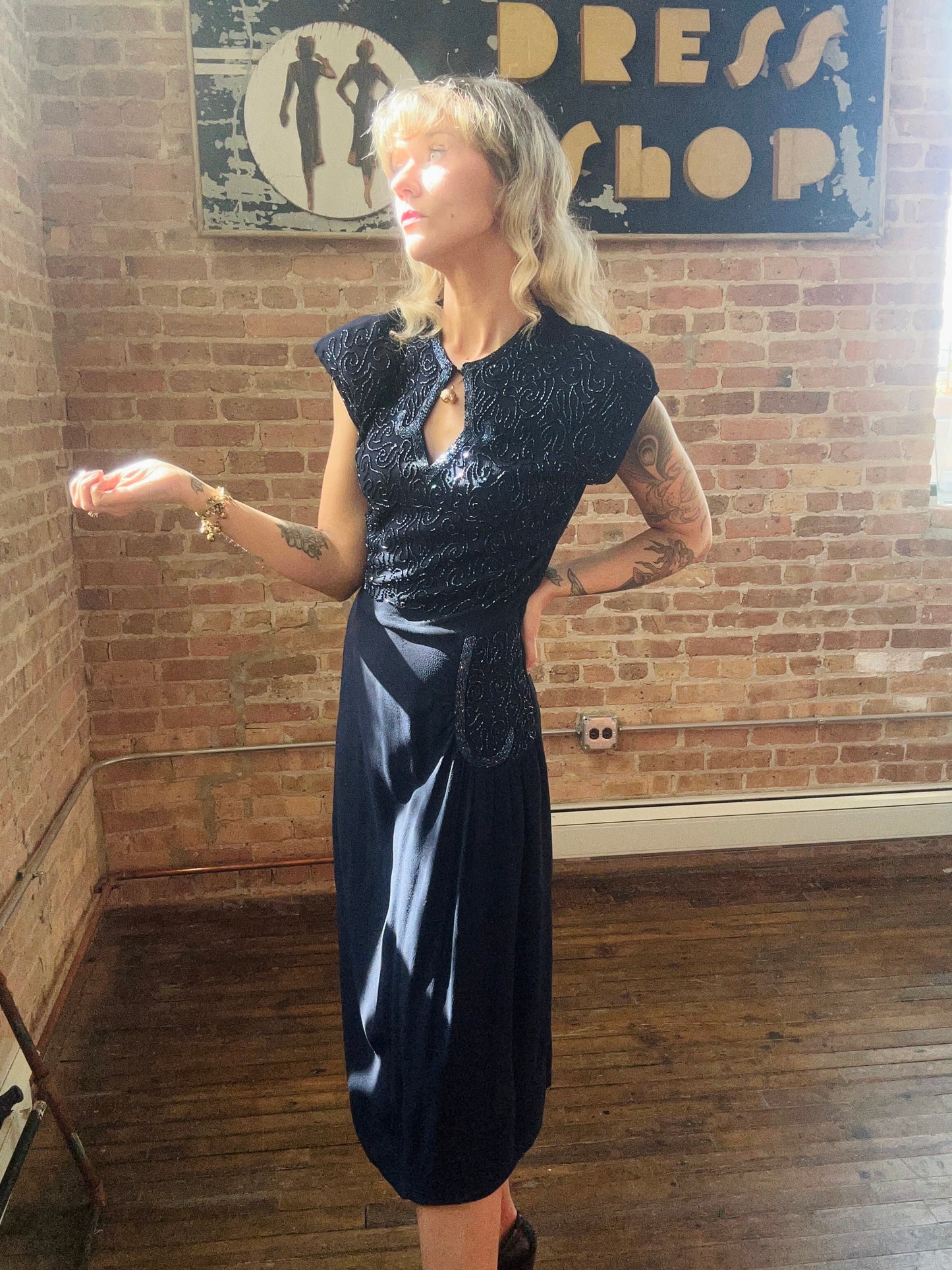 1940s Beaded Sapphire Blue Rayon Crepe Dress - Large