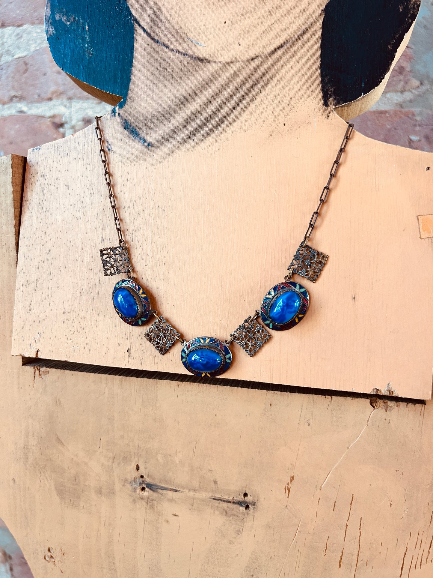1940s Blue Stone & Enamel Deco Necklace