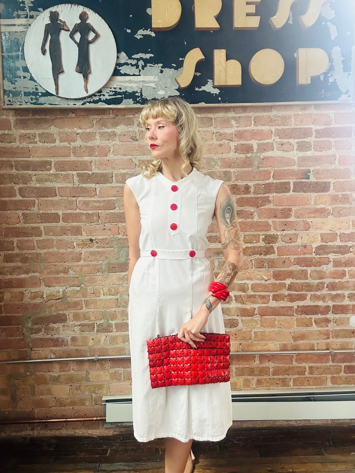 1930s White Deco Beach Dress - Small