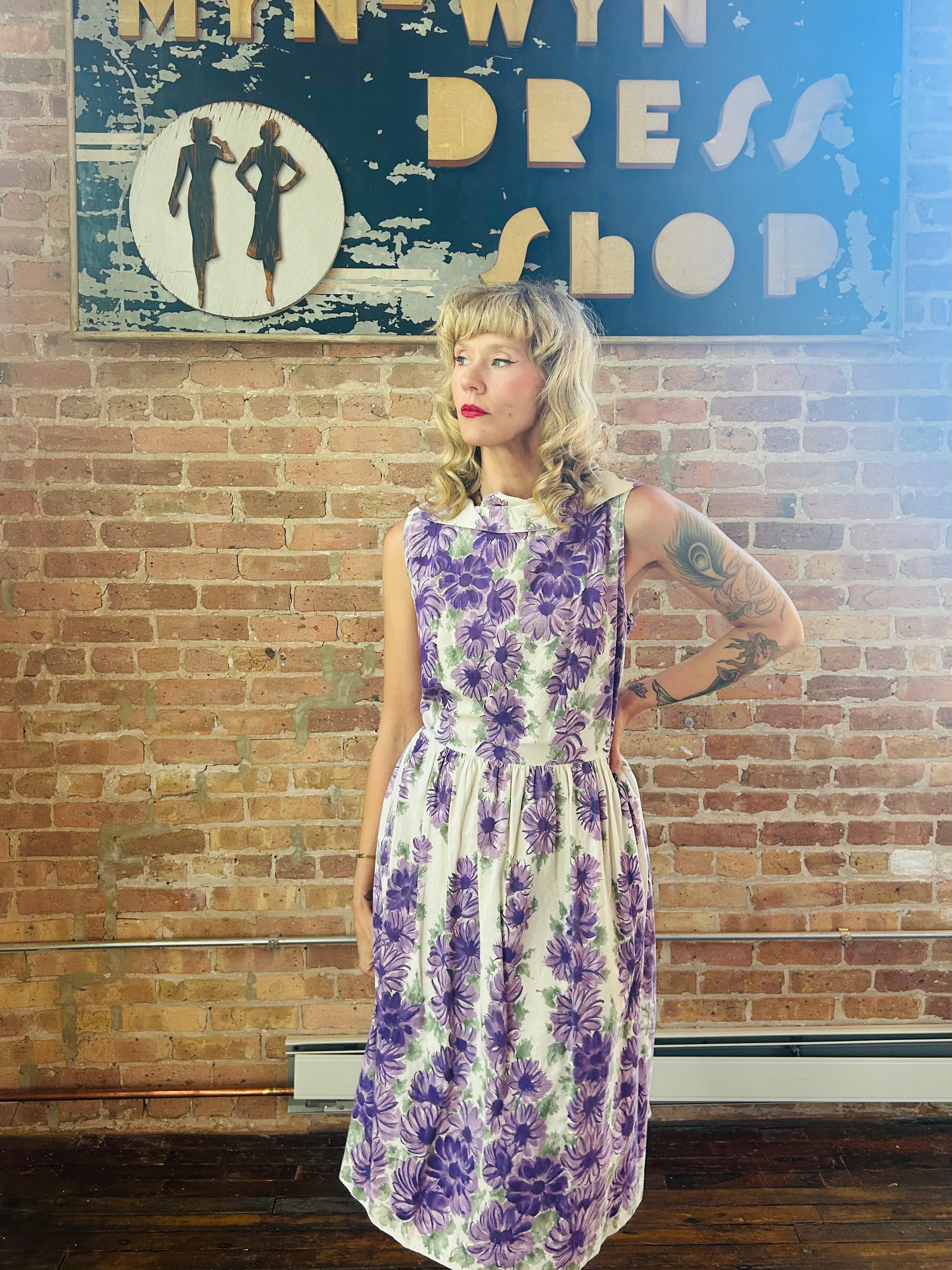 1950s Purple Floral Cotton Dress