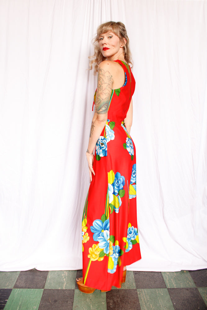 1970s Floral Tori Richards Red Jumpsuit - Medium