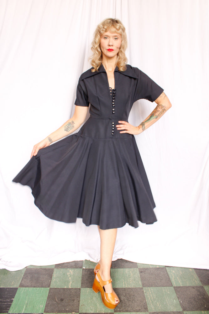 1950s Dior Style Silk Navy Dress - Small
