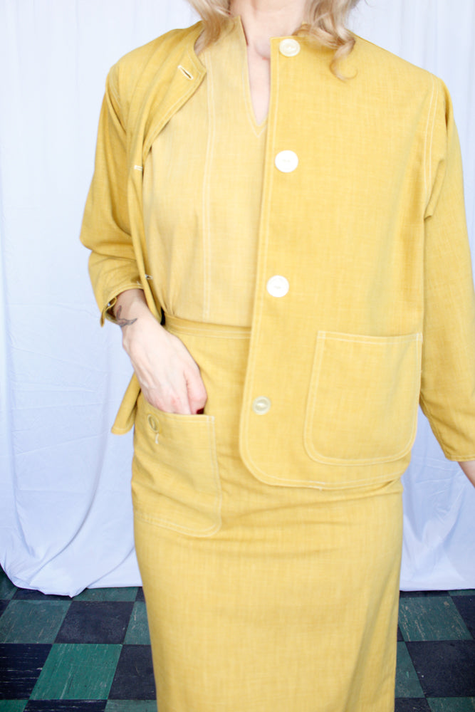 1950s 3pc Golden Yellow Cotton Suit - Small