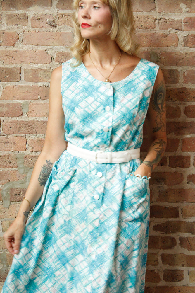 1960s Aqua Plaid Cotton Dress - Large