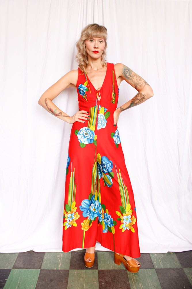 1970s Floral Tori Richards Red Jumpsuit - Medium