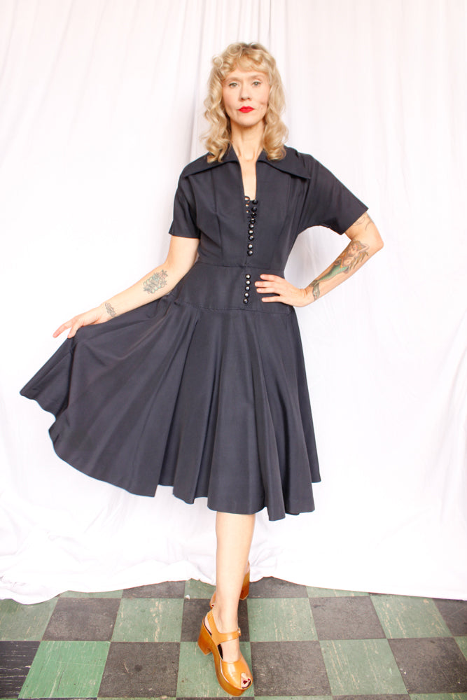 1950s Dior Style Silk Navy Dress - Small