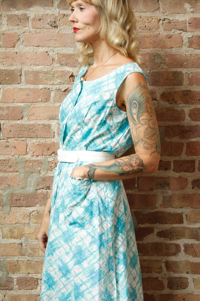 1960s Aqua Plaid Cotton Dress - Large
