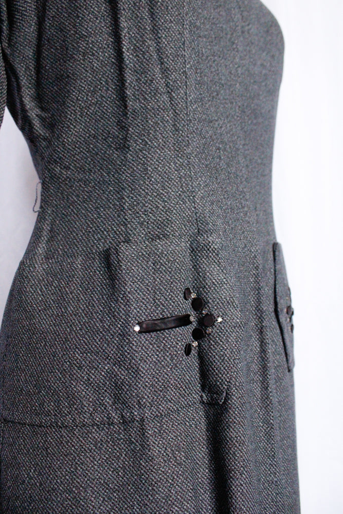 1950s This Way Gabardine Charcoal Dress - Medium