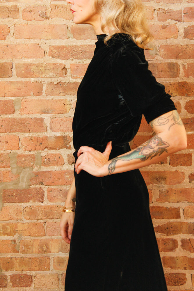 1930s Black Silk Velvet Vintage Dress one of a kind