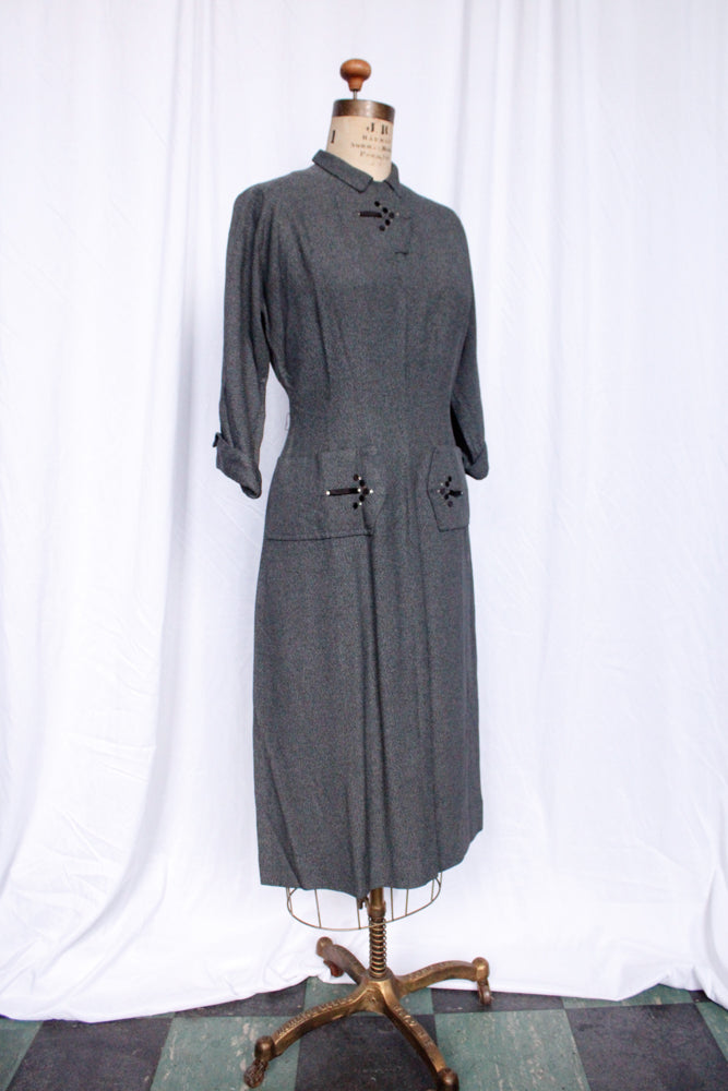 1950s This Way Gabardine Charcoal Dress - Medium