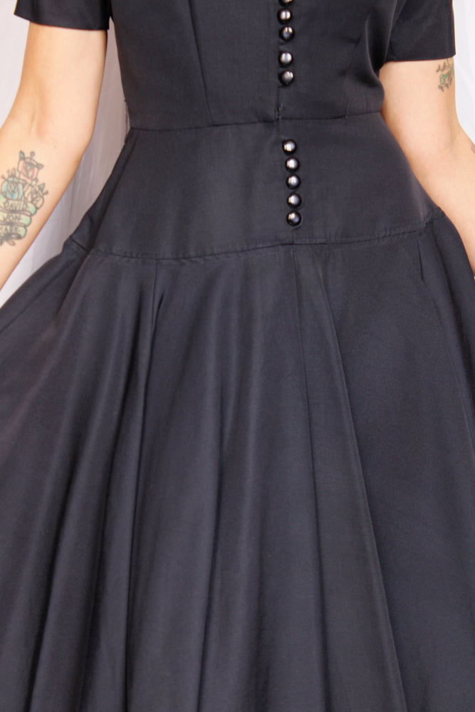 1950s Dior Style Silk Navy Dress - Small