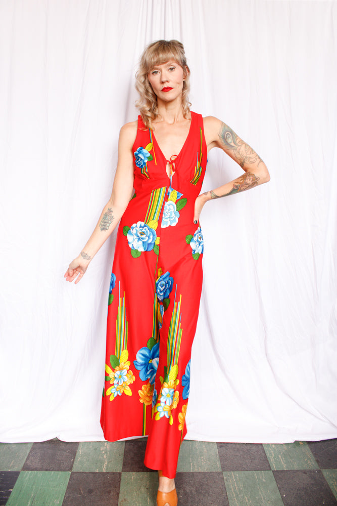 1970s Floral Tori Richards Red Jumpsuit - Medium