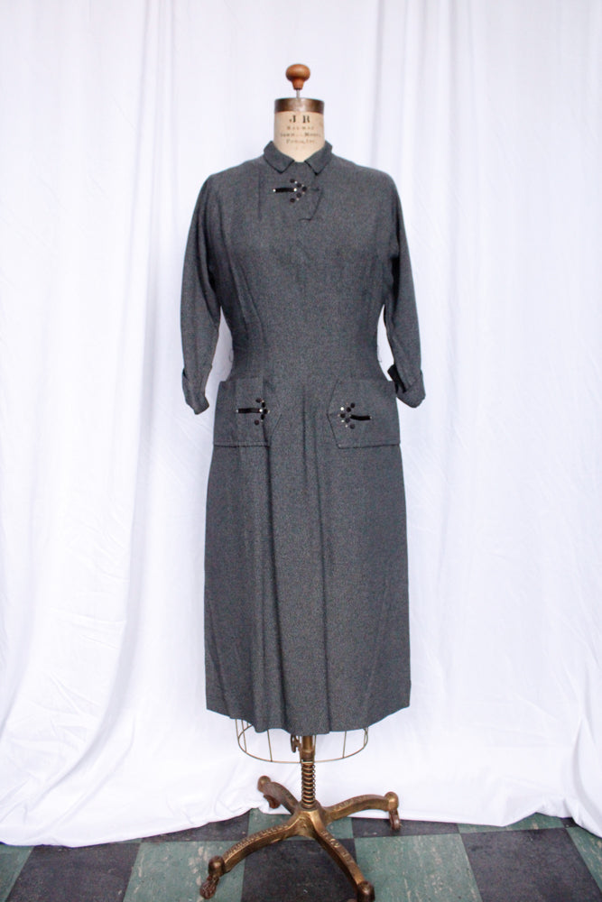 1950s This Way Gabardine Charcoal Dress - Medium