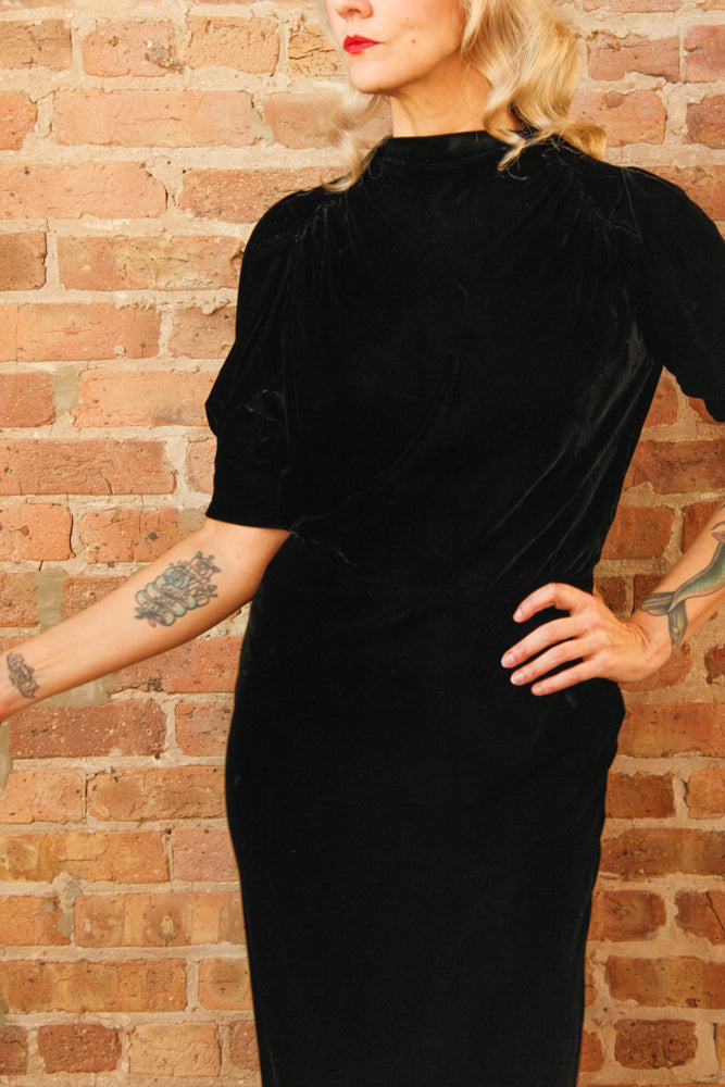 1930s Black Silk Velvet Vintage Dress one of a kind
