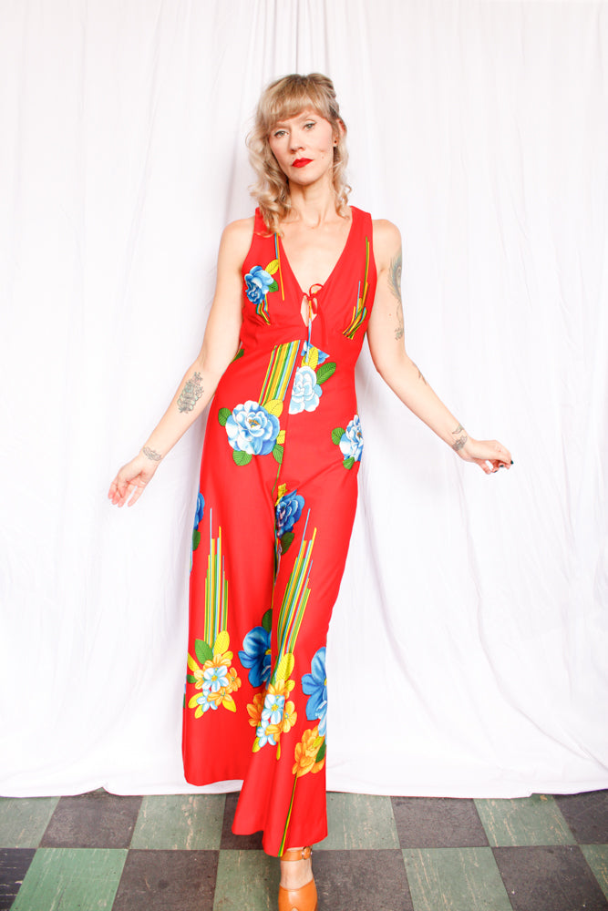 1970s Floral Tori Richards Red Jumpsuit - Medium