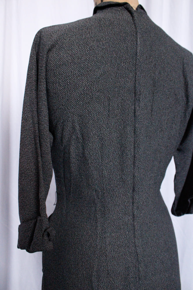 1950s This Way Gabardine Charcoal Dress - Medium