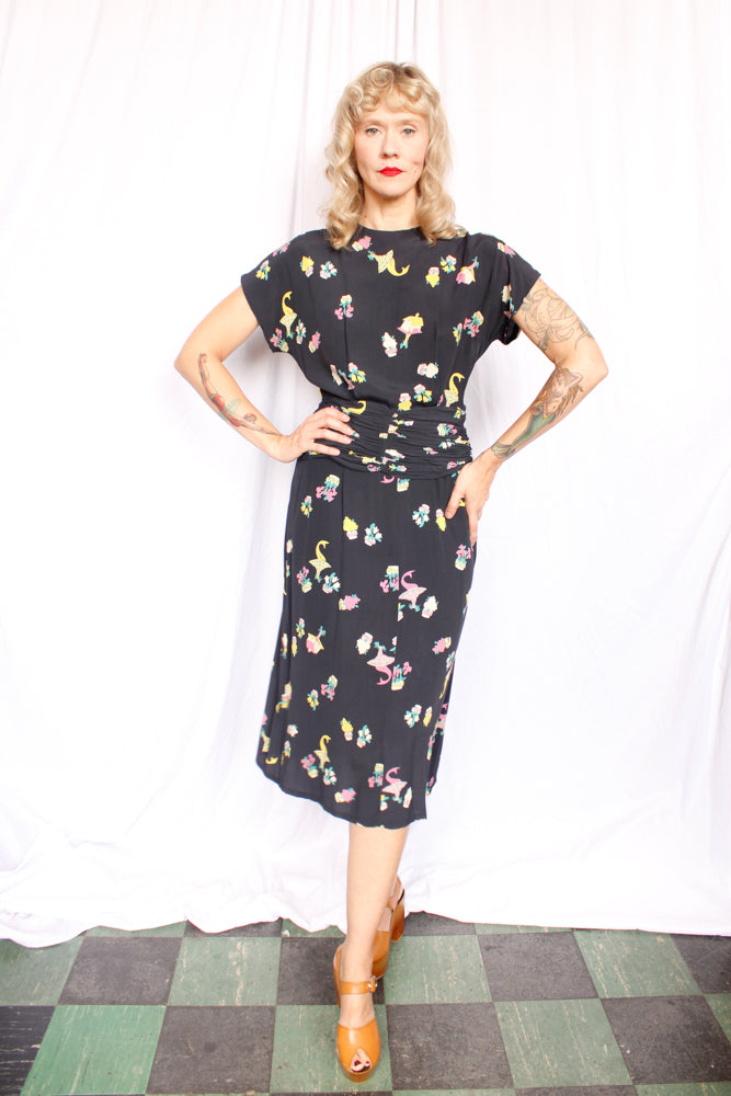 1940s Basket of Flowers Silk Dress - Small