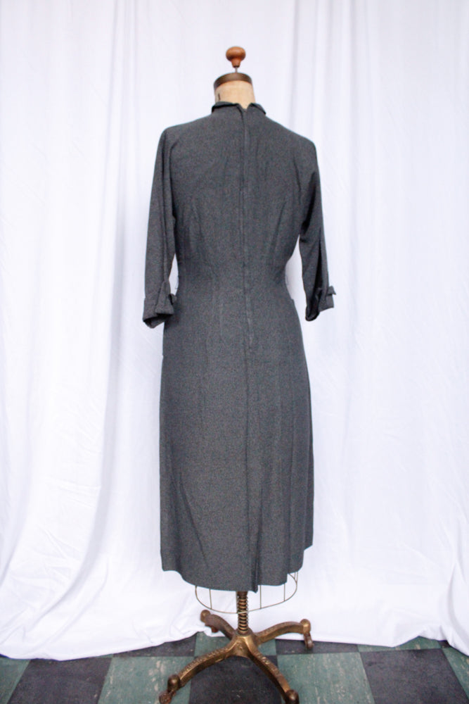 1950s This Way Gabardine Charcoal Dress - Medium