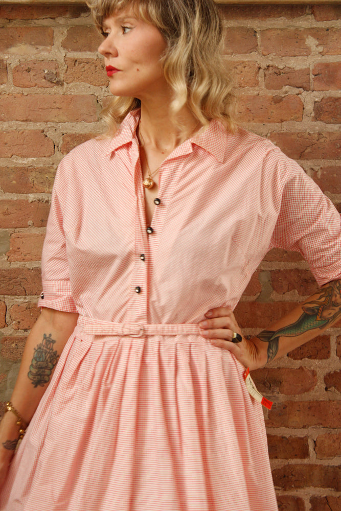 1950s Red & White Grid Plaid NOS Dress - Large
