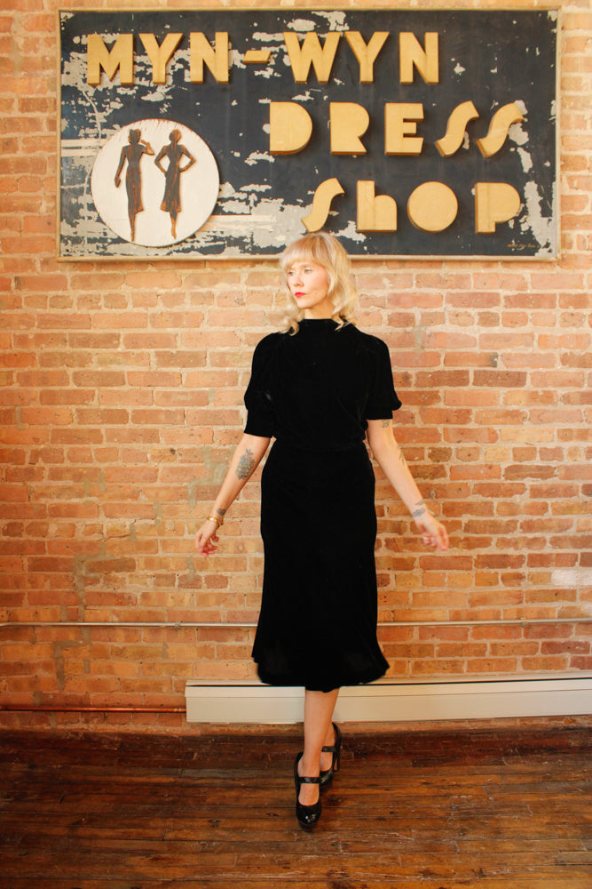 1930s Black Silk Velvet Vintage Dress one of a kind