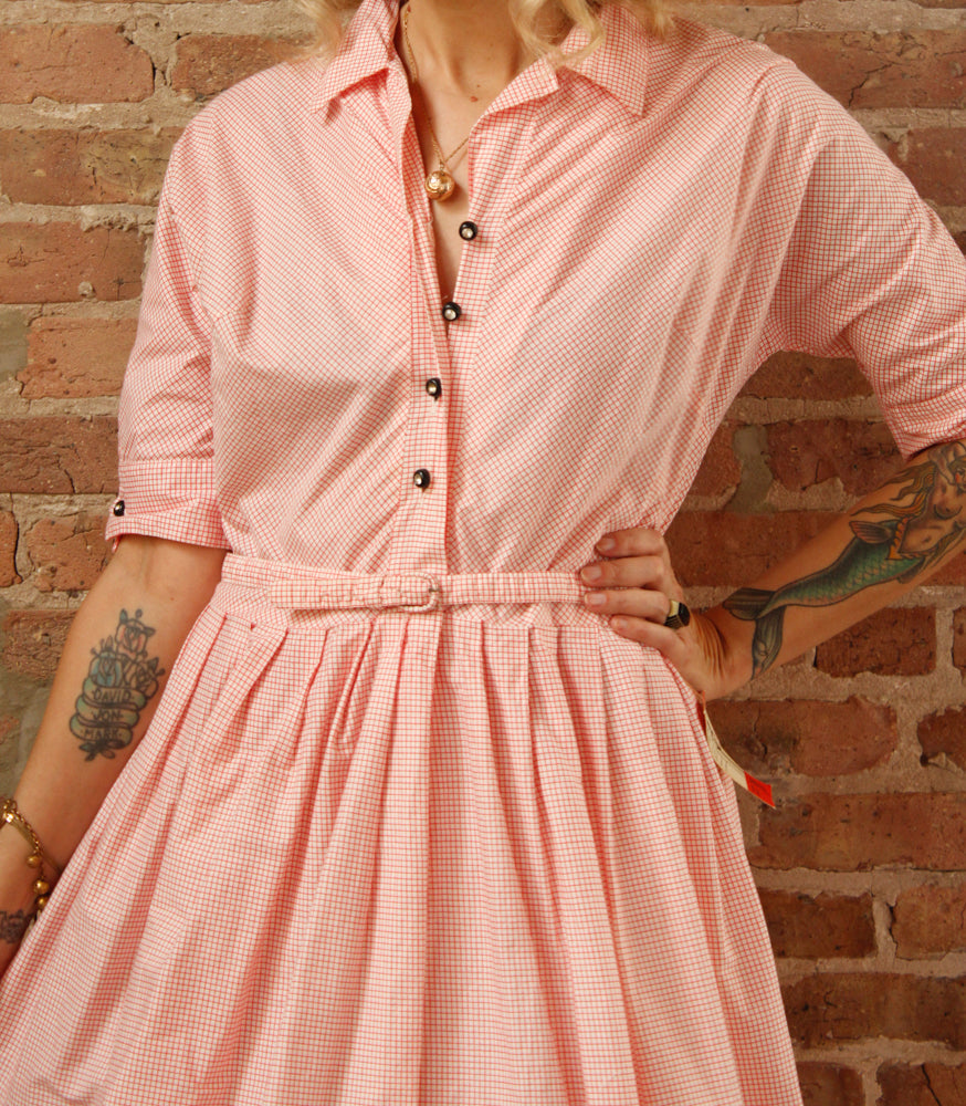 1950s Red & White Grid Plaid NOS Dress - Large
