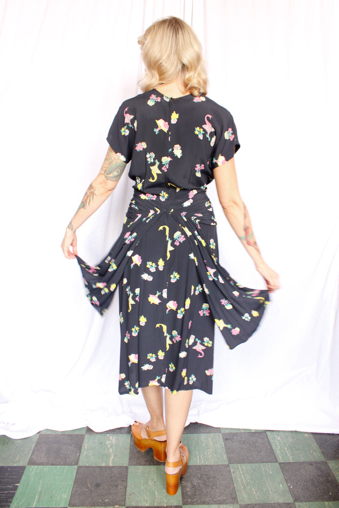 1940s Basket of Flowers Silk Dress - Small