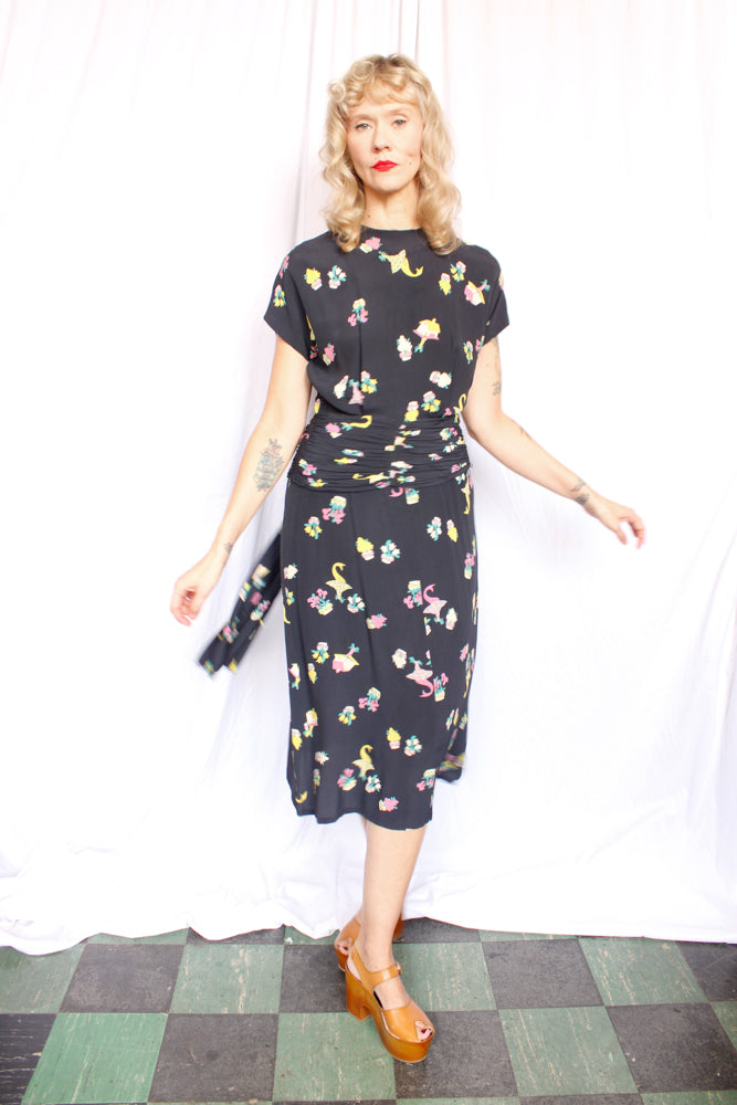 1940s Basket of Flowers Silk Dress - Small