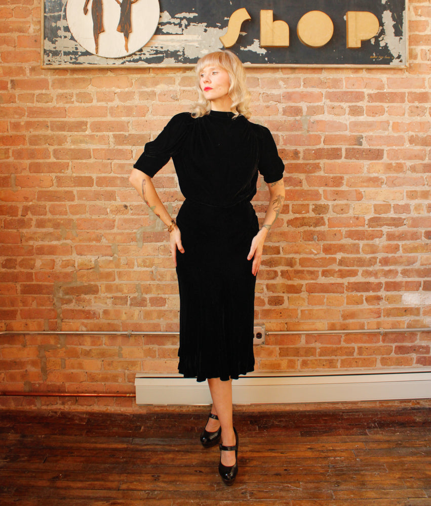 1930s Black Silk Velvet Vintage Dress one of a kind