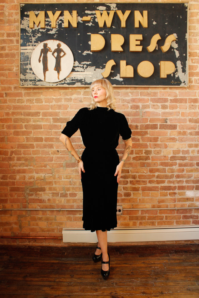 1930s Black Silk Velvet Vintage Dress one of a kind