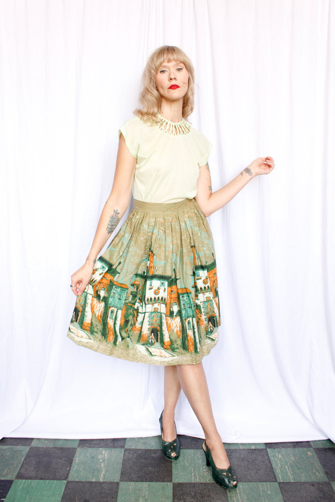 1950s European Village Scenic Border Print Skirt - 26 waist