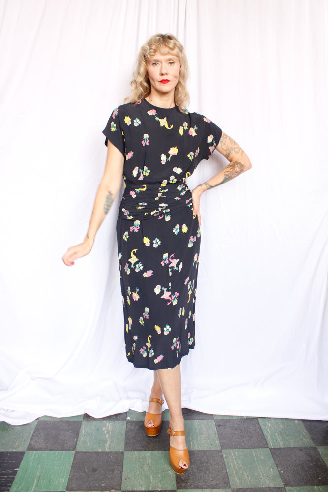 1940s Basket of Flowers Silk Dress - Small