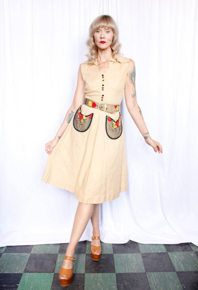 1953 "Straw Circuit" Vicky Vaughn Basket Weave with Posies Cotton Dress - Small