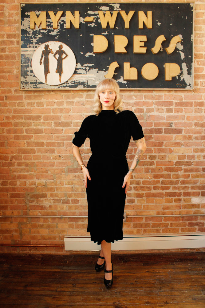 1930s Black Silk Velvet Vintage Dress one of a kind