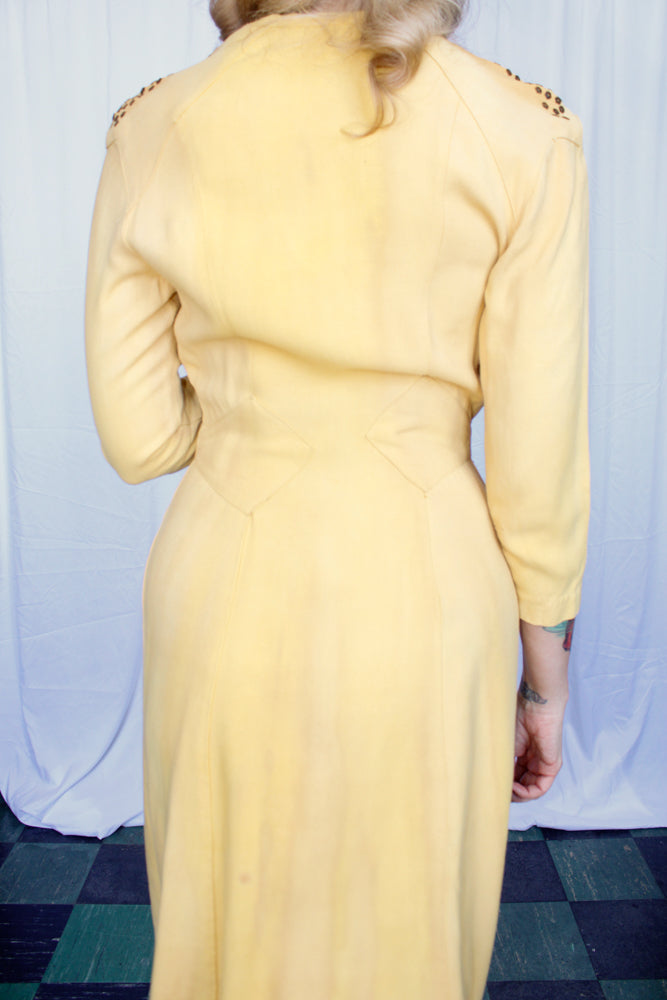 1940s Golden Yellow Cotton with Brass Sequins Dress - Medium