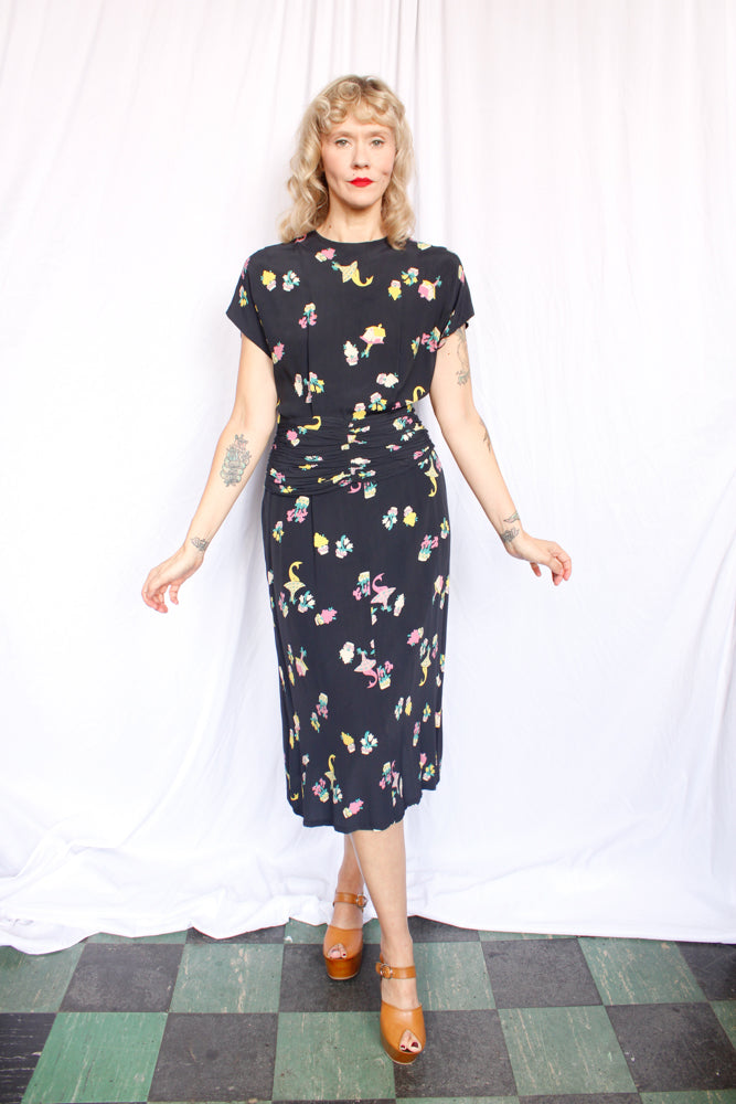 1940s Basket of Flowers Silk Dress - Small