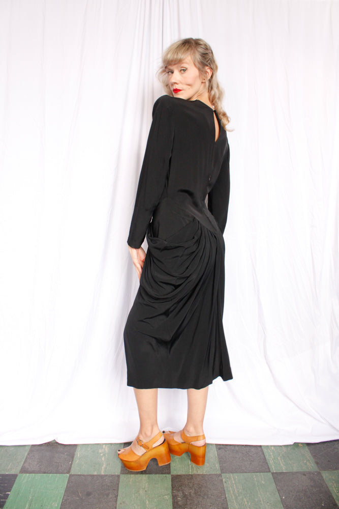 1940s Blade Runner Black Rayon Dress - Medium