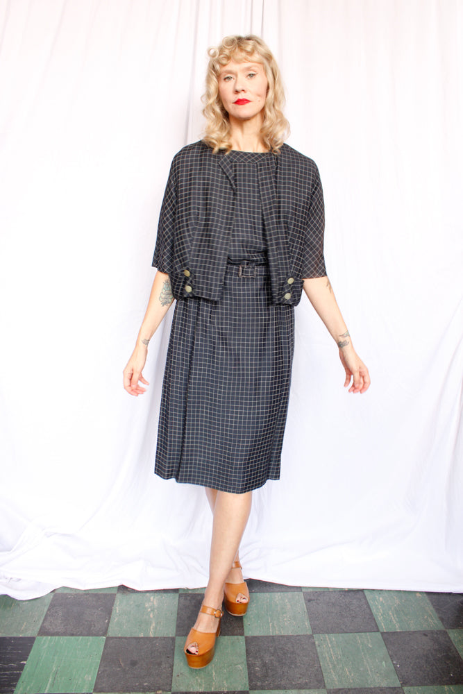 1950s Grid Print Silk Dress & Jacket by Franklin - M/L