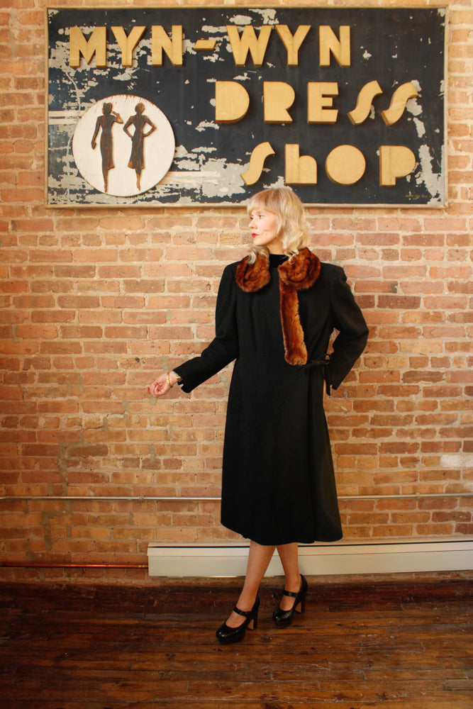 1920s Black Wool with Fur Collar Joseph Hone Co. Winter Coat - Large