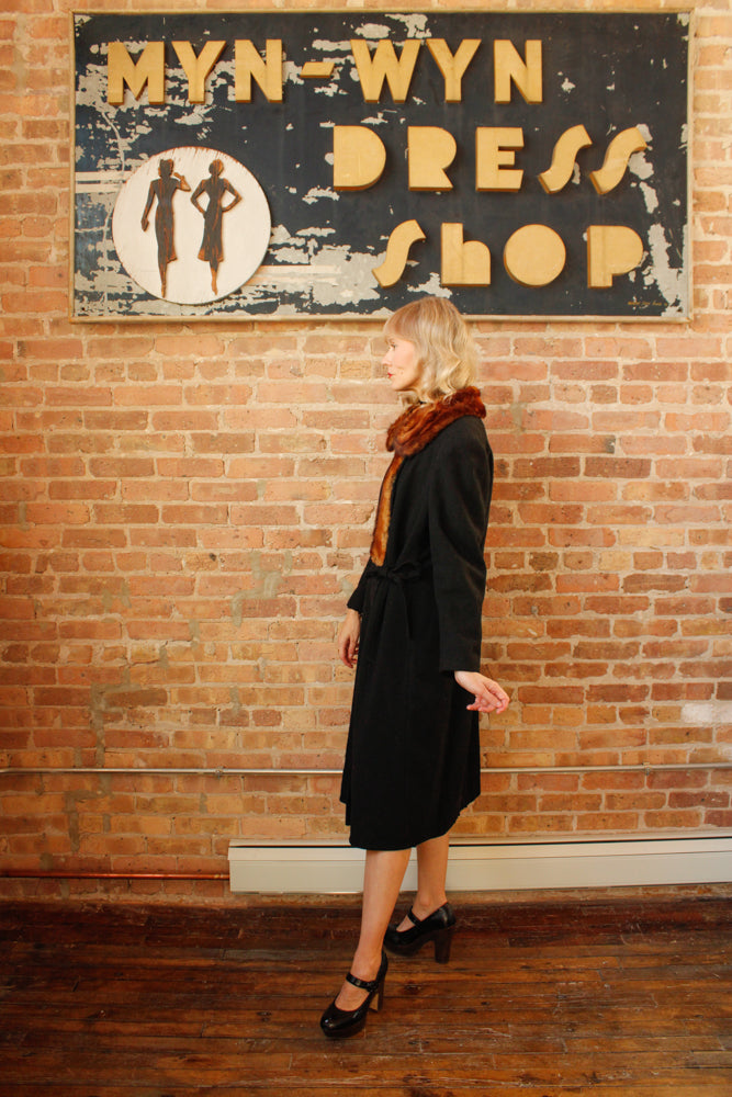 1920s Black Wool with Fur Collar Joseph Hone Co. Winter Coat - Large