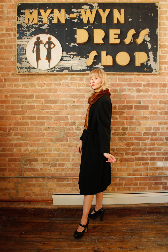 1920s Black Wool with Fur Collar Joseph Hone Co. Winter Coat - Large
