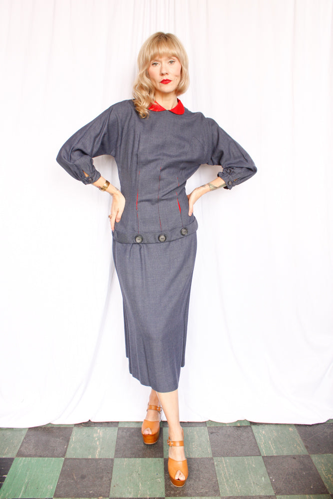 1950s Blue & Red Blouse & Skirt Set - Small