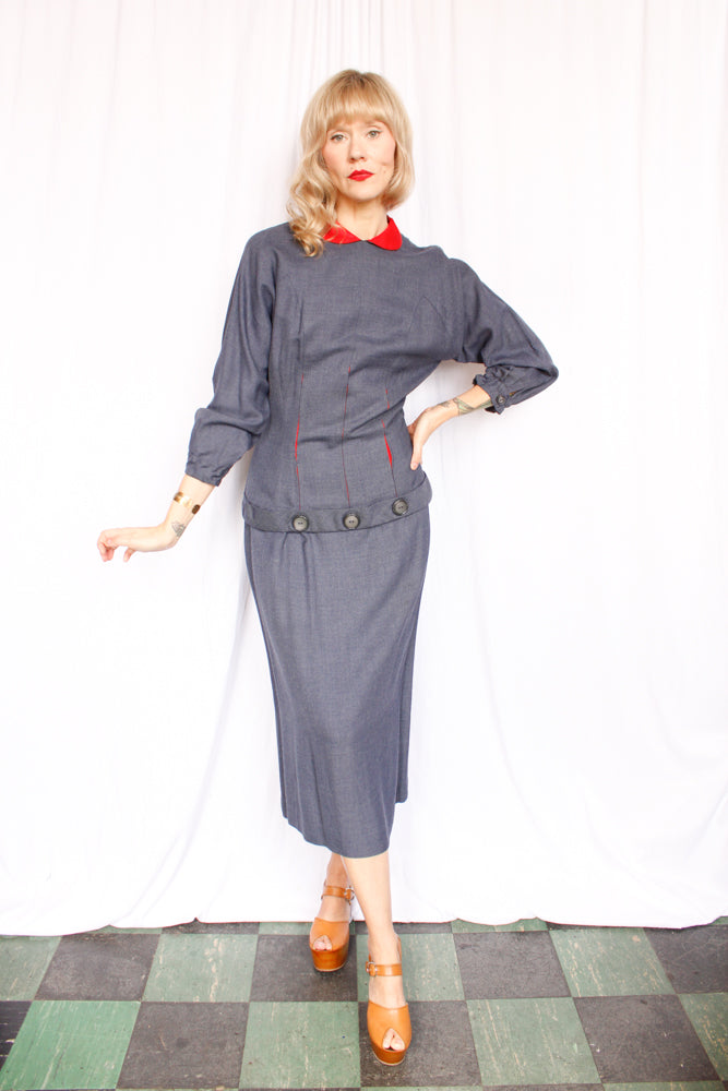 1950s Blue & Red Blouse & Skirt Set - Small