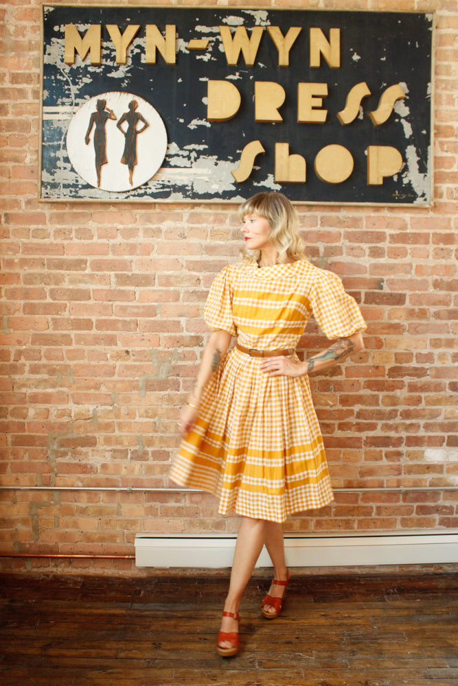 1950s Gingham Gold Cotton Dress - Medium