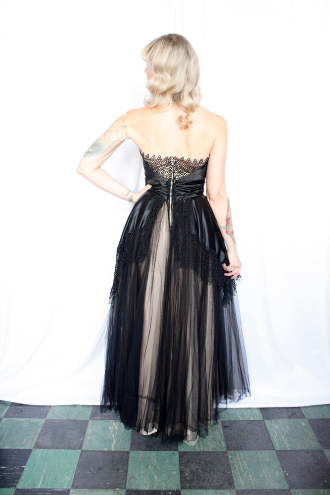 1950s Silk Satin & Tulle Marshall Fields Co Halter Gown - Small