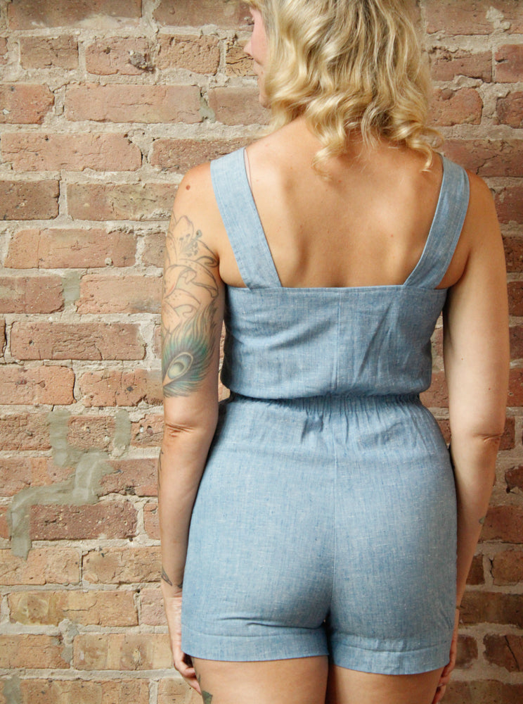1970s Chambray Zip Front Playsuit - Xsmall