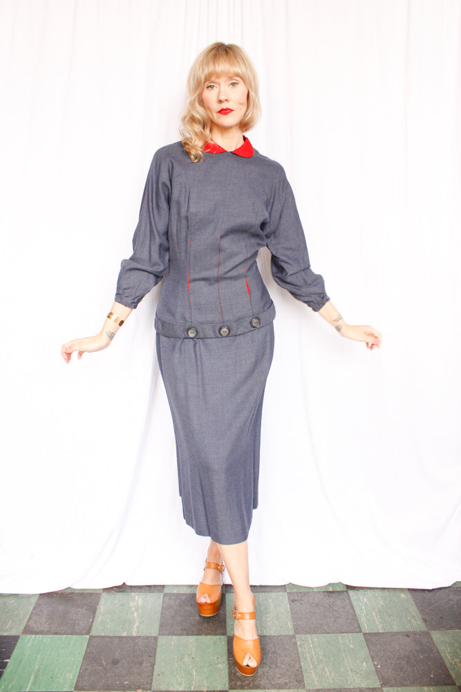 1950s Blue & Red Blouse & Skirt Set - Small
