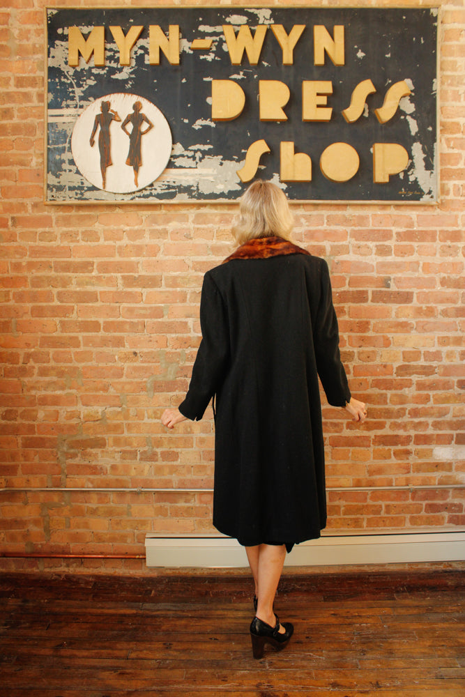 1920s Black Wool with Fur Collar Joseph Hone Co. Winter Coat - Large